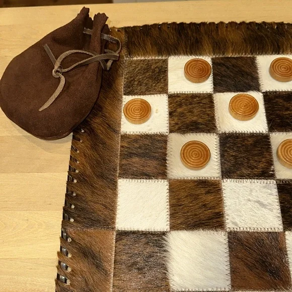 Handcrafted Cowhide Checkers Set - Brown and Black - Picture 2 of 10